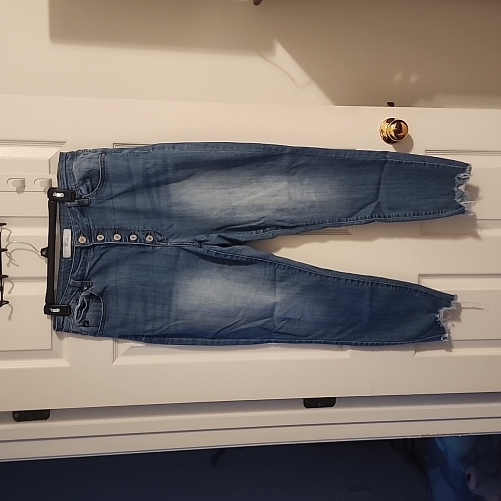 Kansan, button fly jeans, distressed bottom, sz 1XL, blue